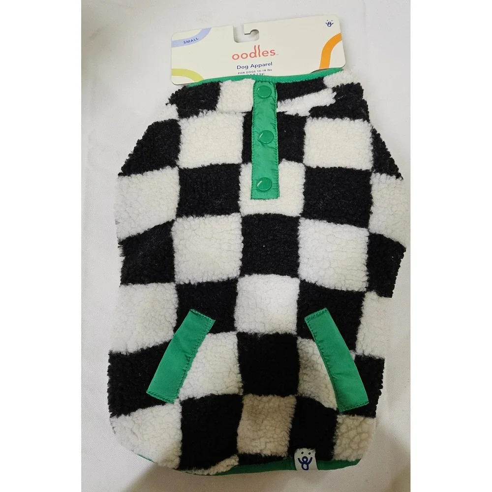 Oodles Dog Apparel Fleece Small Black White Checkered‎ Green Trim 10-18 lbs NEW